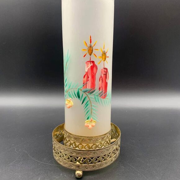 Vintage Frosted Glass Hurricane Candle Holder w/ Metal Base Hand Painted - Picture 1 of 7